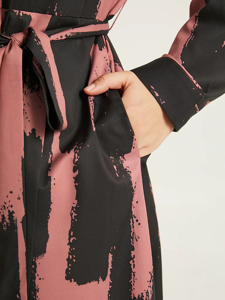 Brush Print Shirt Collar Pocket Belted Dress - Image 6