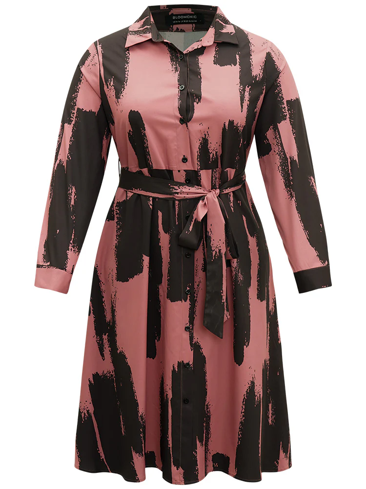 Brush Print Shirt Collar Pocket Belted Dress - Image 7