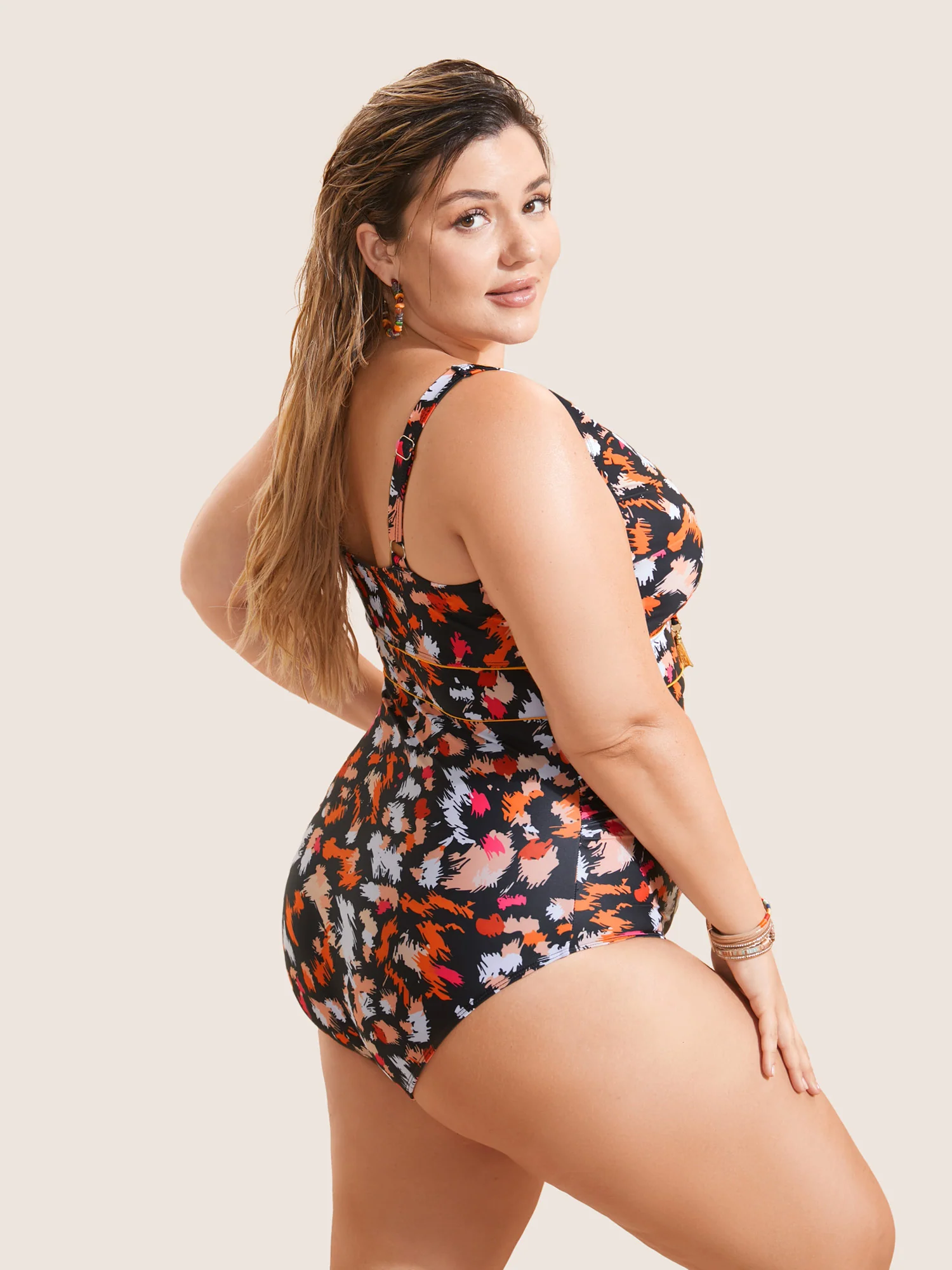 Brush Print Ties Tassel One Piece Swimsuit - Image 2