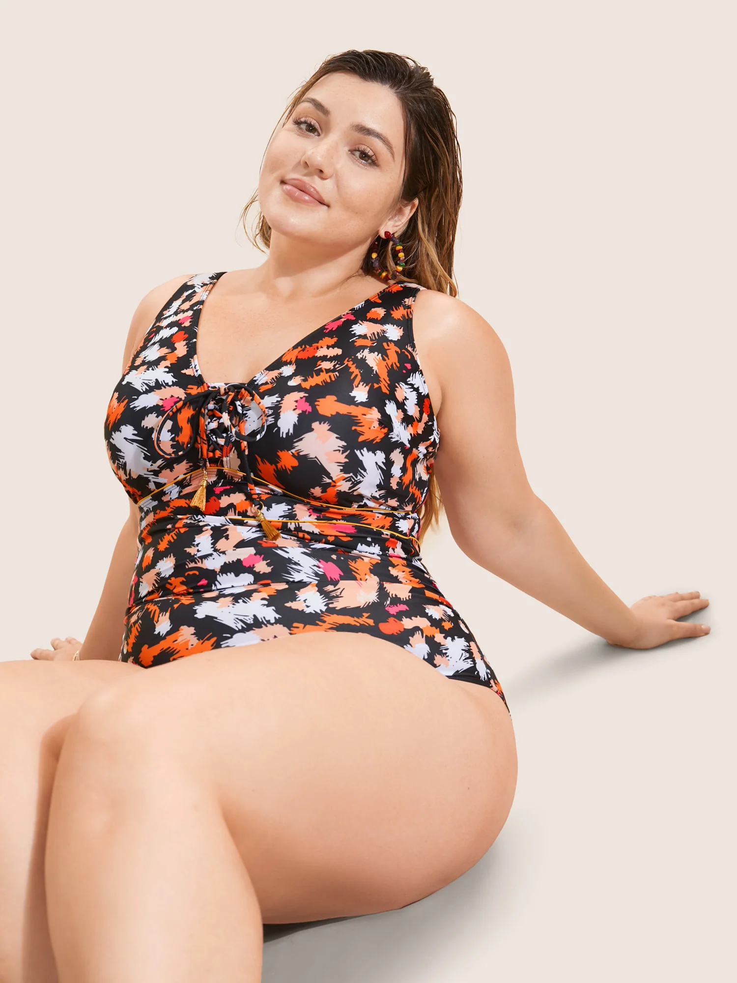 Brush Print Ties Tassel One Piece Swimsuit - Image 3