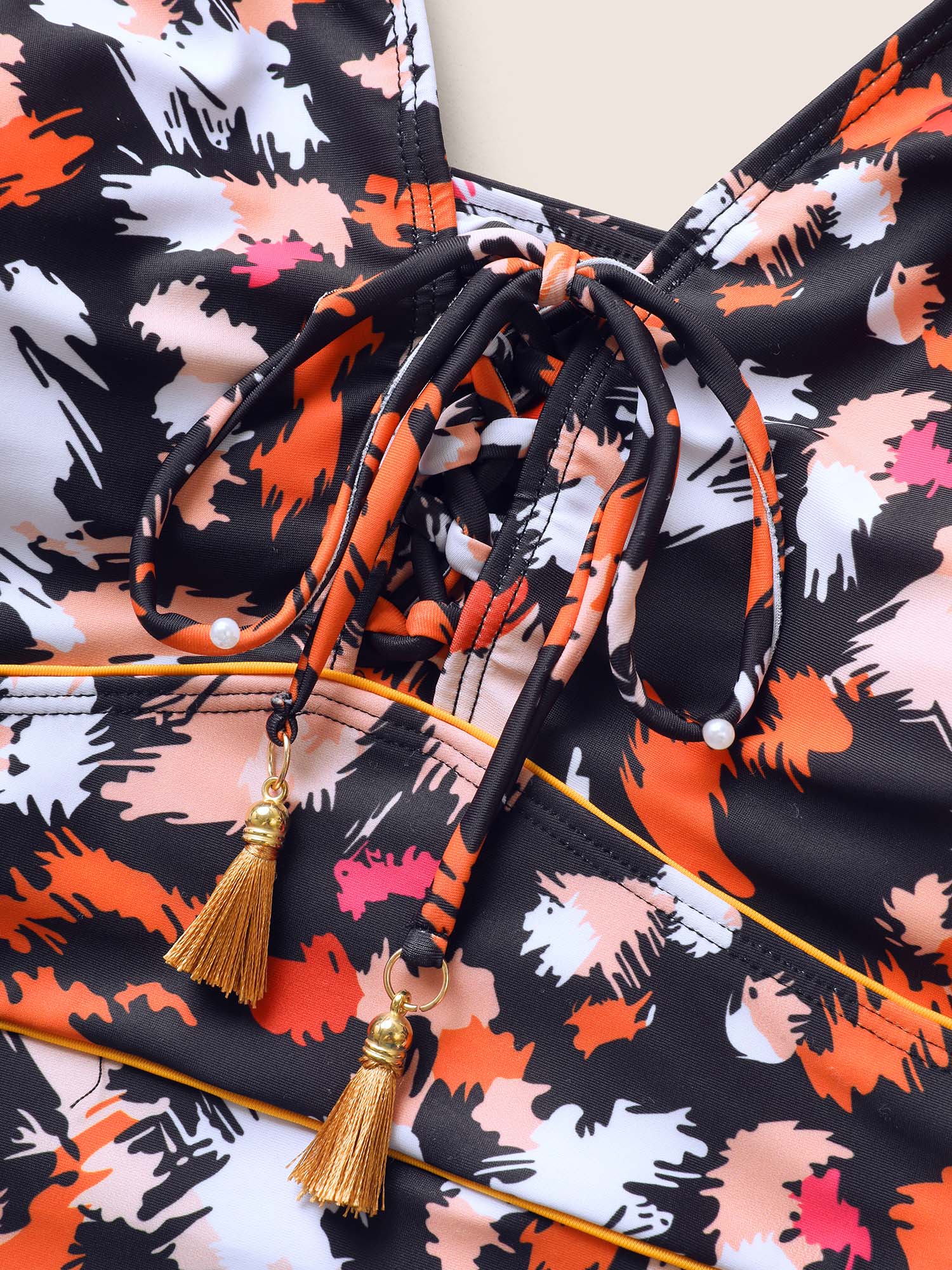 Brush Print Ties Tassel One Piece Swimsuit - Image 5