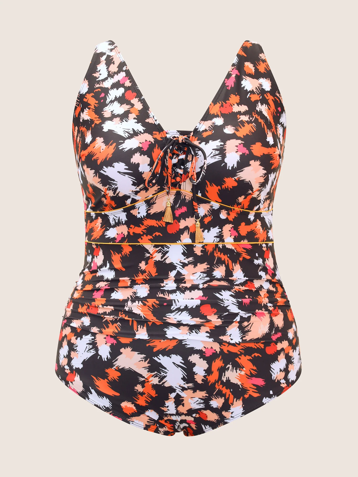 Brush Print Ties Tassel One Piece Swimsuit - Image 6