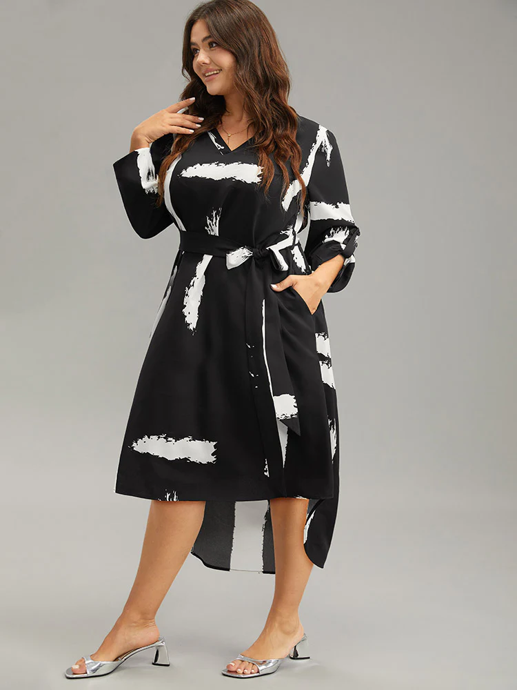 Brush Print V Neck Belted Tab Sleeve Dress - Image 5