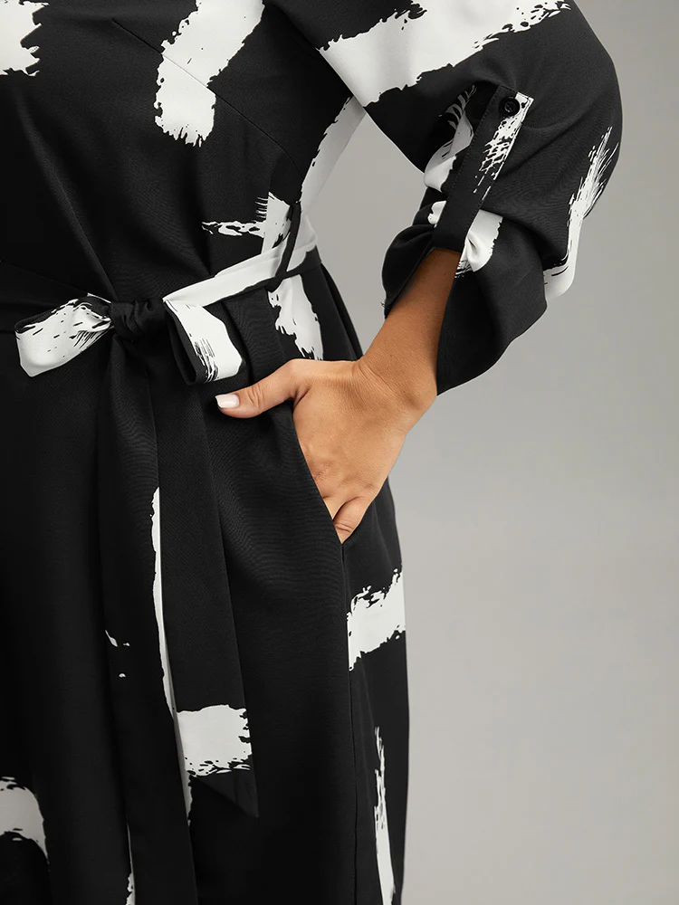Brush Print V Neck Belted Tab Sleeve Dress - Image 6