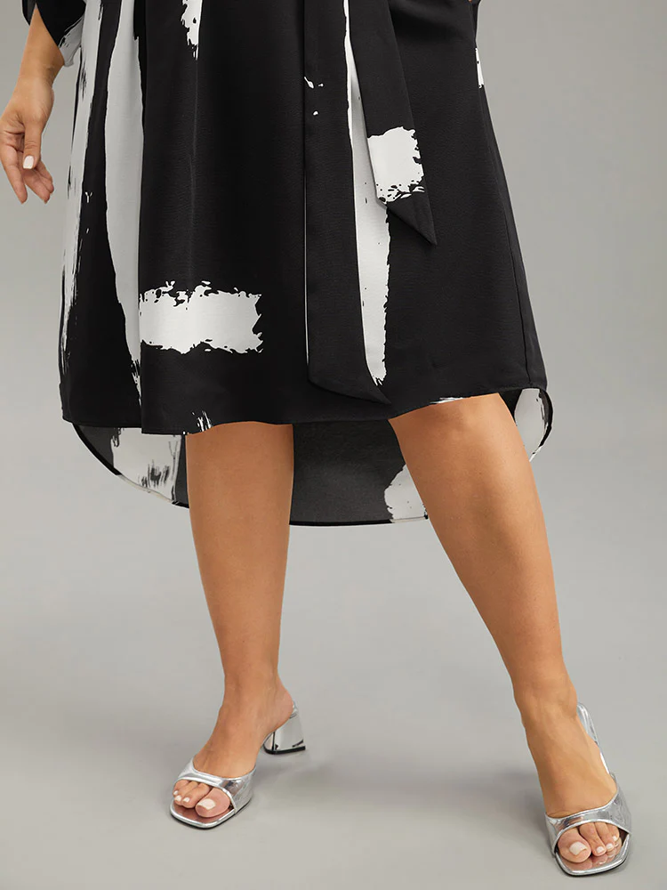 Brush Print V Neck Belted Tab Sleeve Dress - Image 7