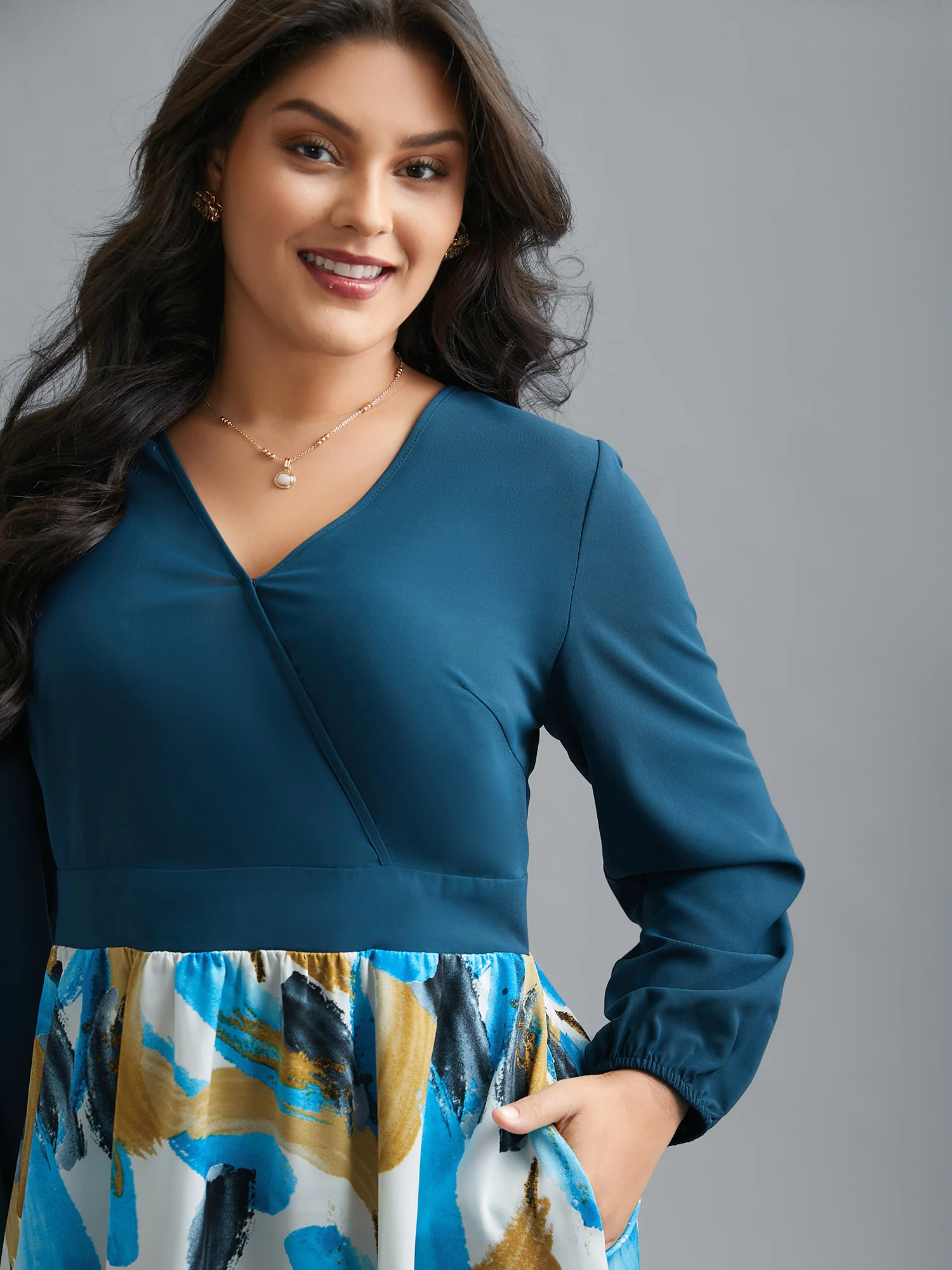 Brush Stroke Print Contrast Spliced Dress - Image 2