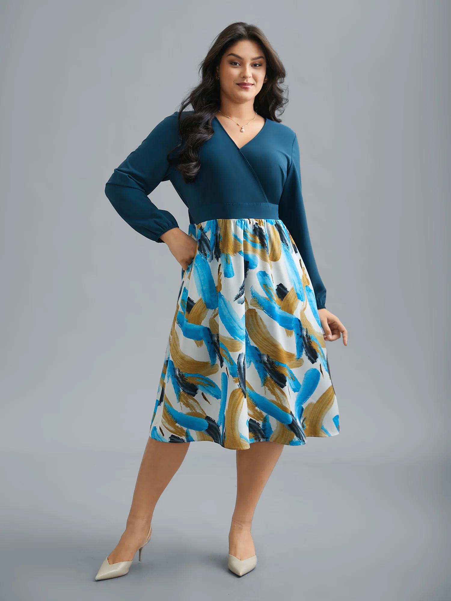 Brush Stroke Print Contrast Spliced Dress - Image 3