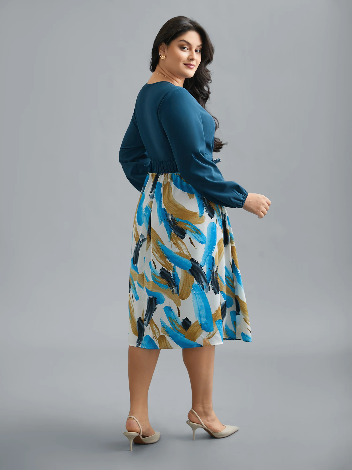 Brush Stroke Print Contrast Spliced Dress - Image 4