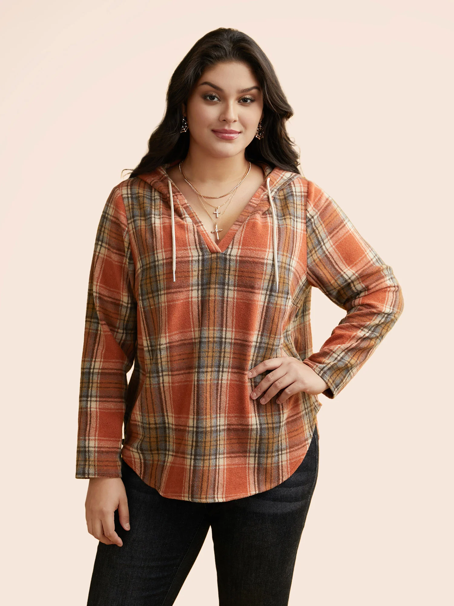 Brushed Fabric Plaid Hooded Sweatshirt - Image 13