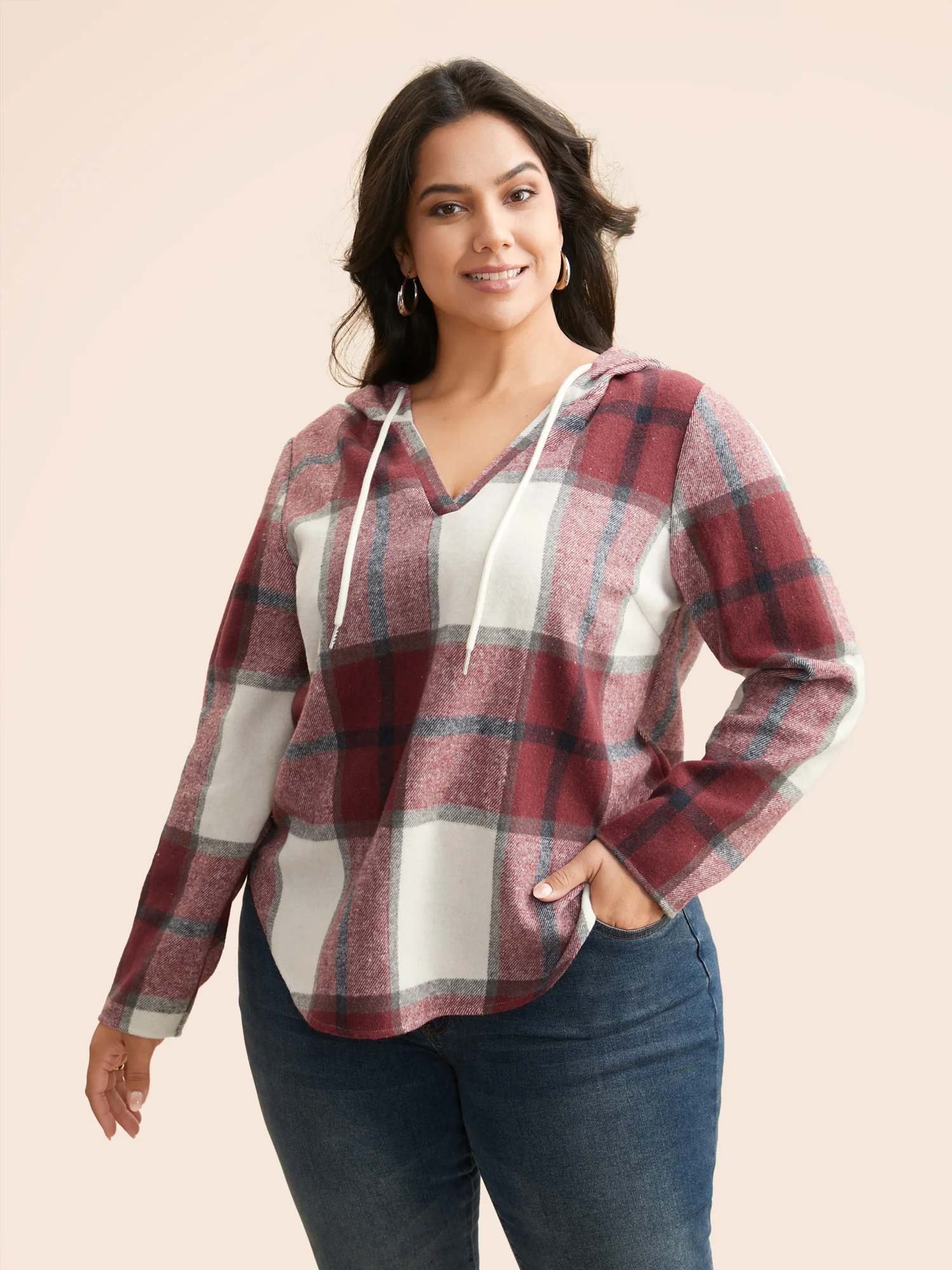 Brushed Fabric Plaid Hooded Sweatshirt - Image 2