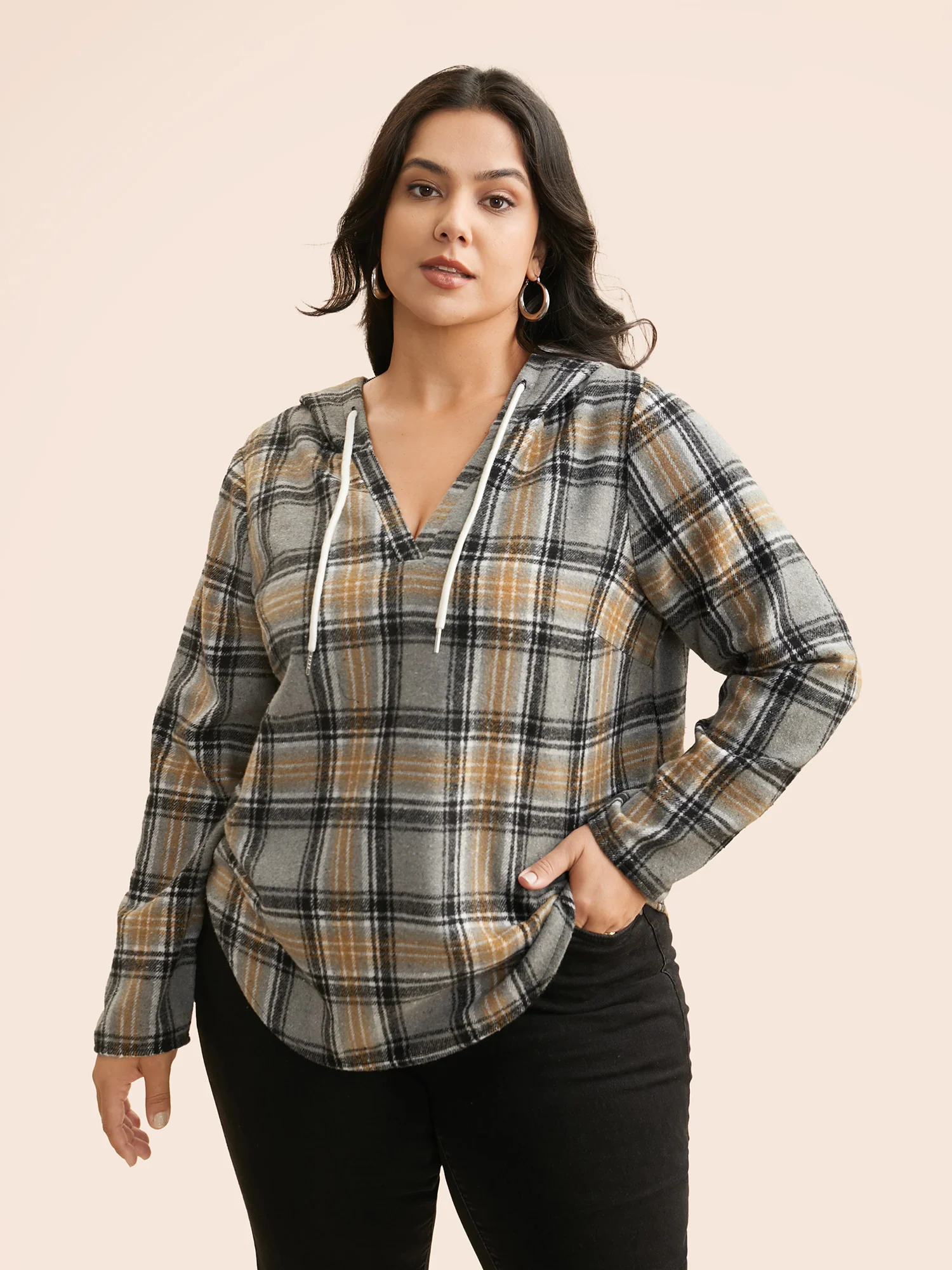 Brushed Fabric Plaid Hooded Sweatshirt - Image 4