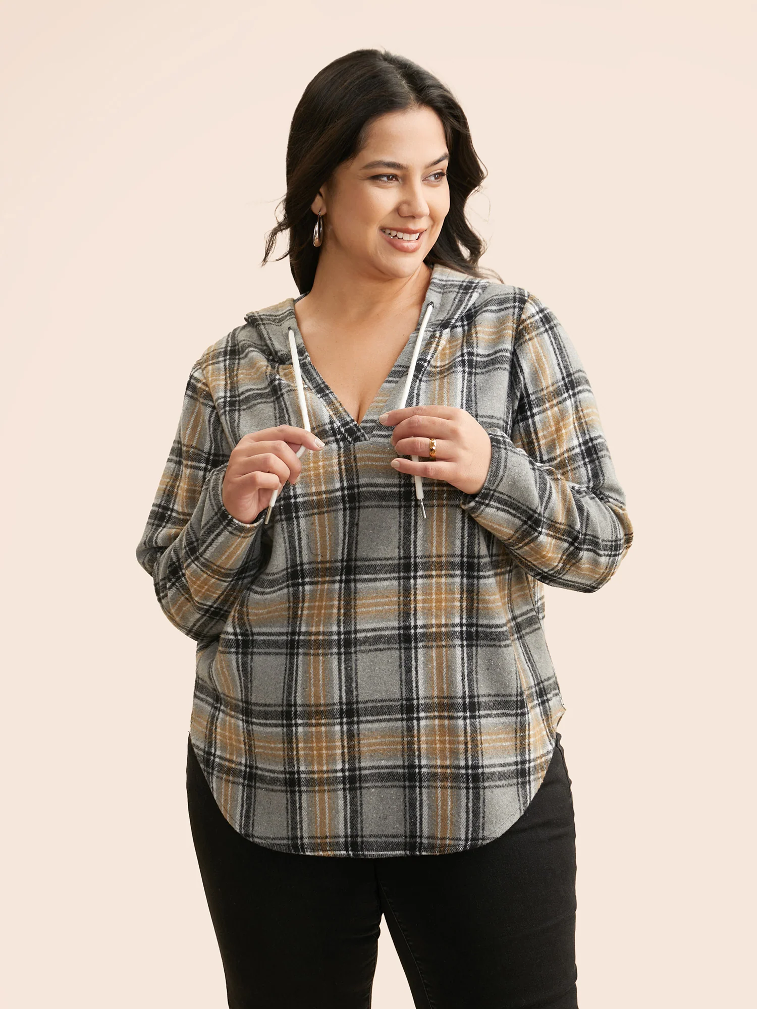 Brushed Fabric Plaid Hooded Sweatshirt - Image 5