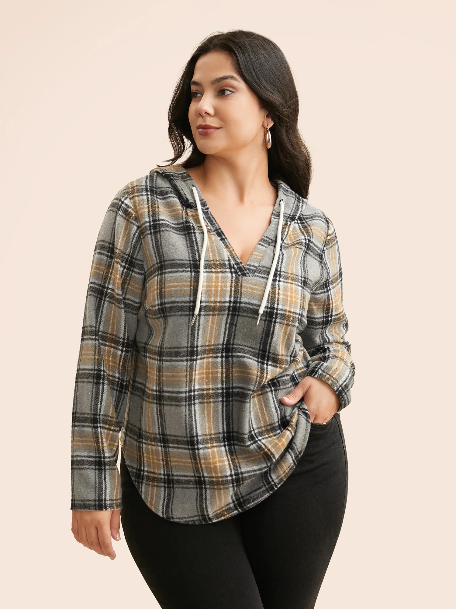Brushed Fabric Plaid Hooded Sweatshirt - Image 6