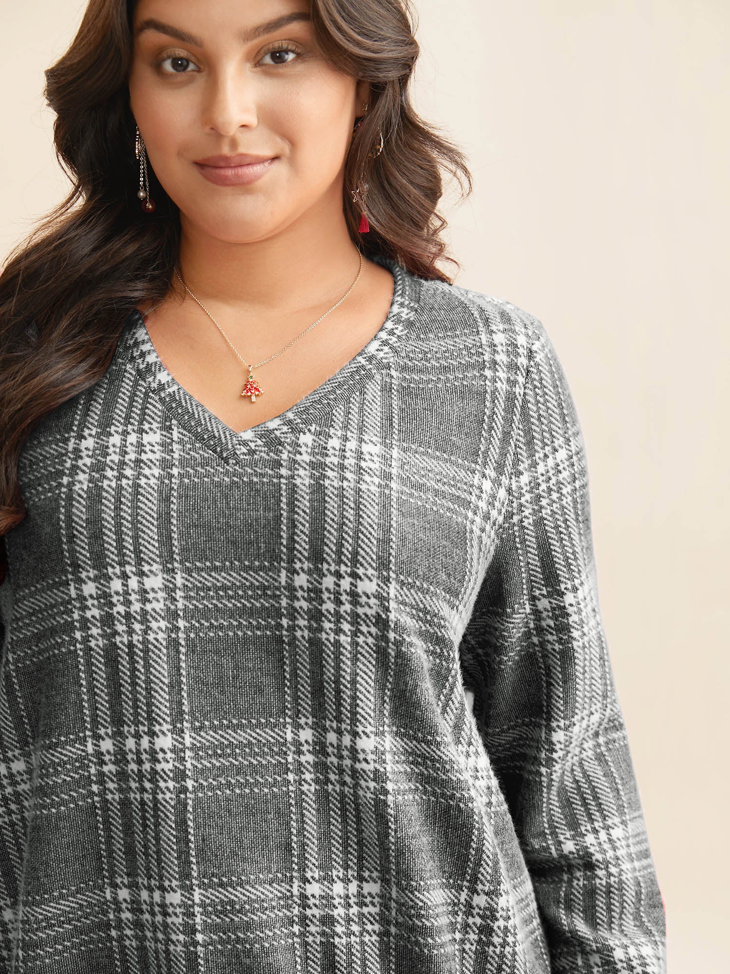 Brushed Plaid V-neck Sweatshirt - Image 2