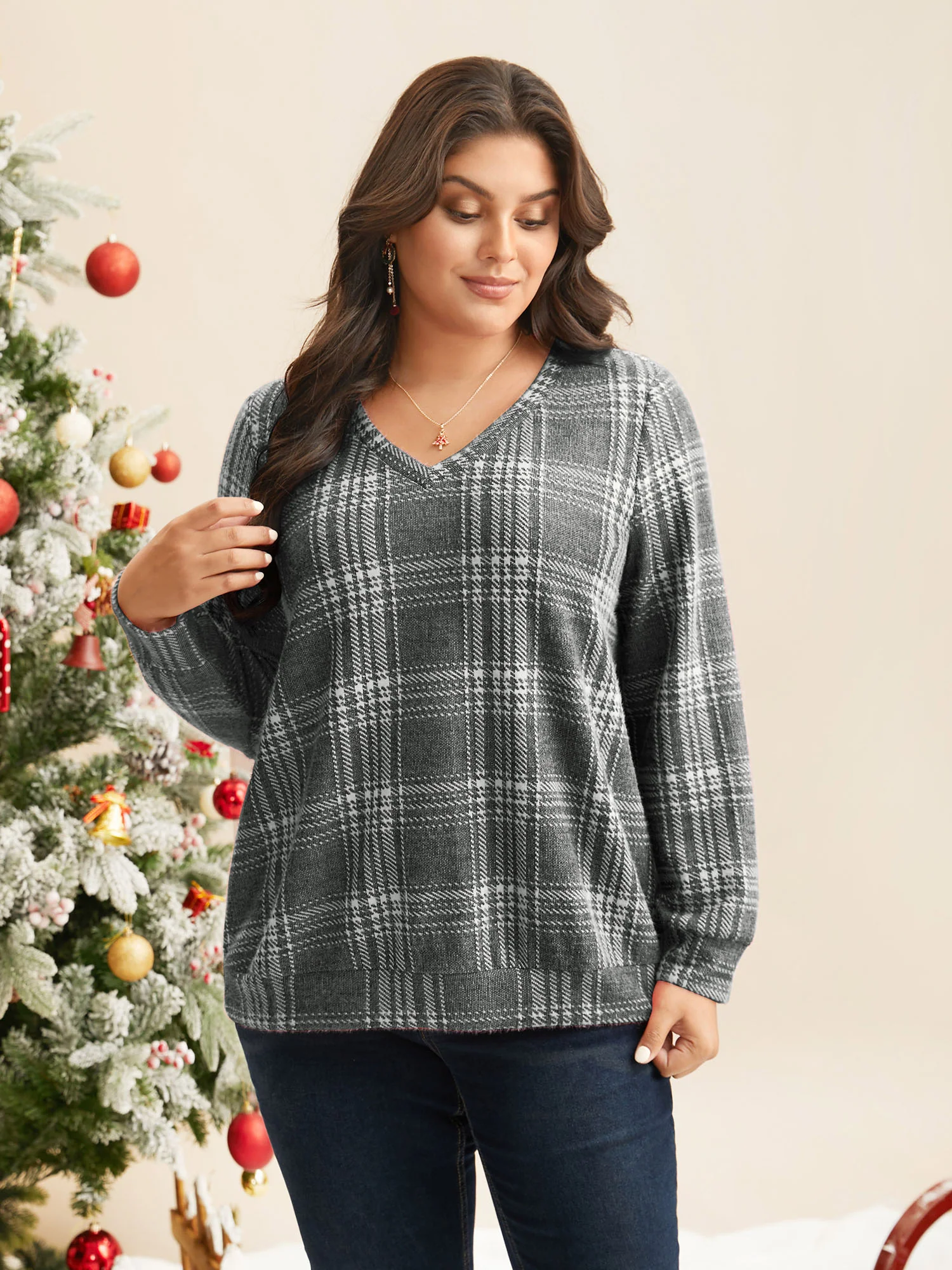 Brushed Plaid V-neck Sweatshirt - Image 3