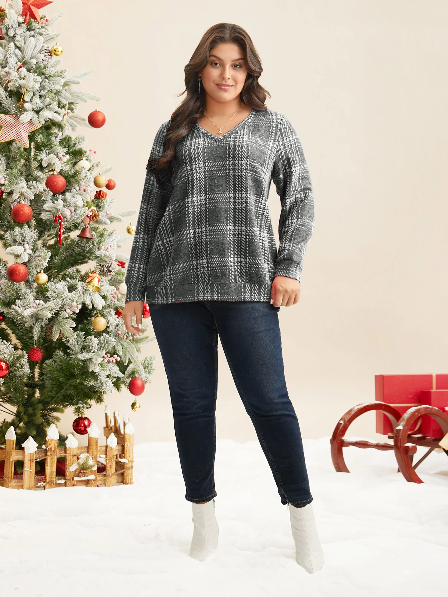 Brushed Plaid V-neck Sweatshirt - Image 4