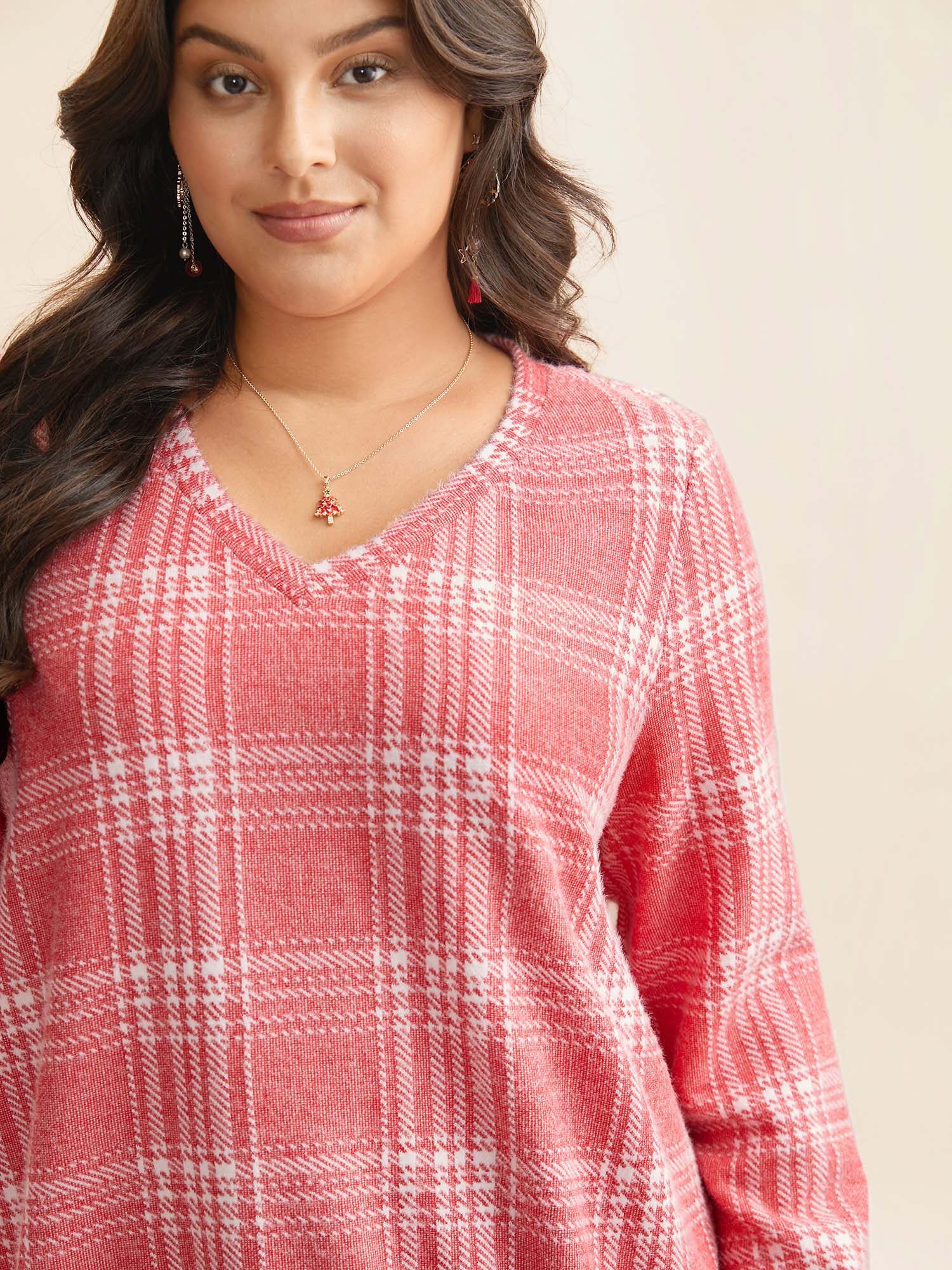 Brushed Plaid V-neck Sweatshirt - Image 6