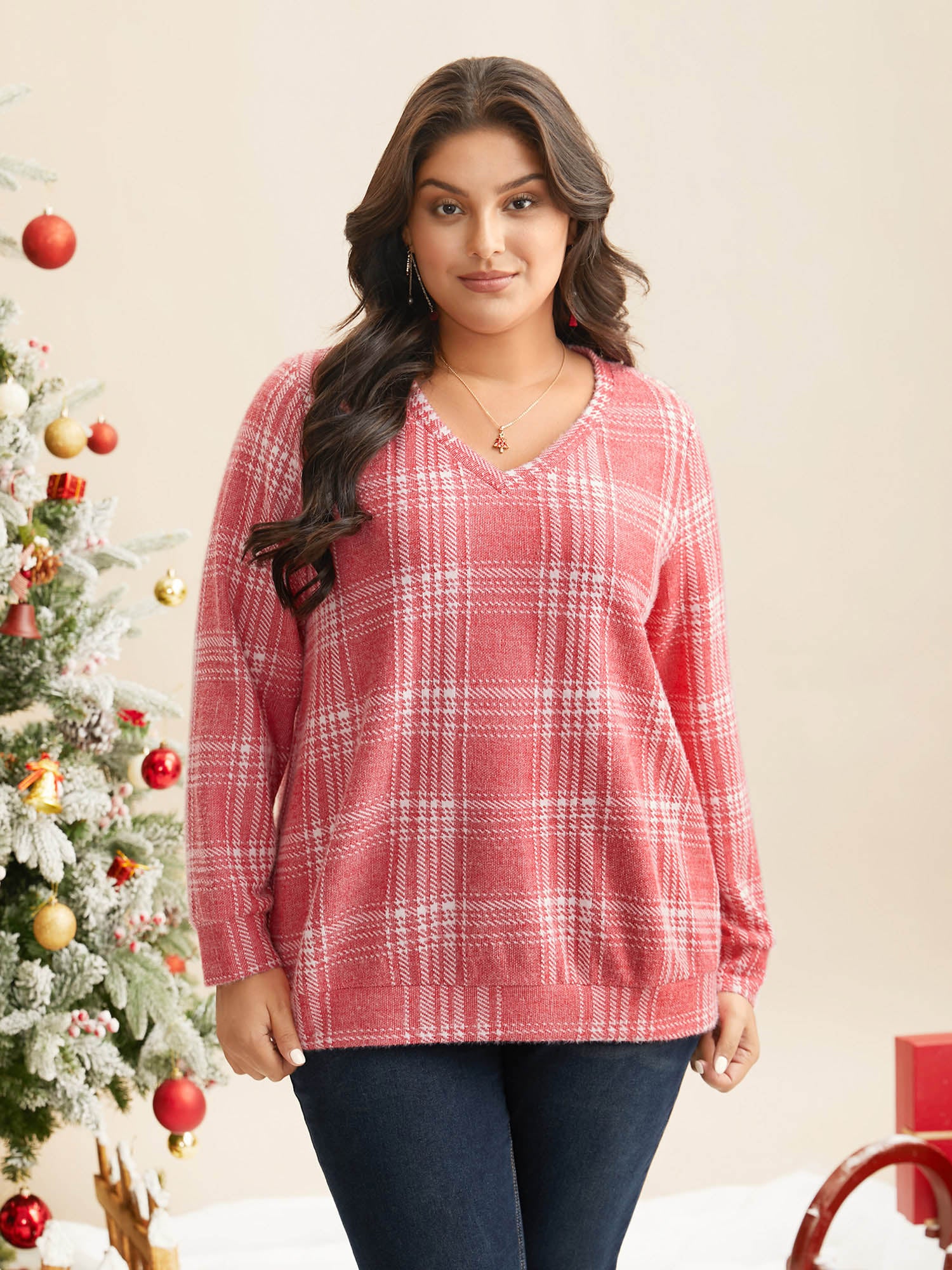 Brushed Plaid V-neck Sweatshirt - Image 7
