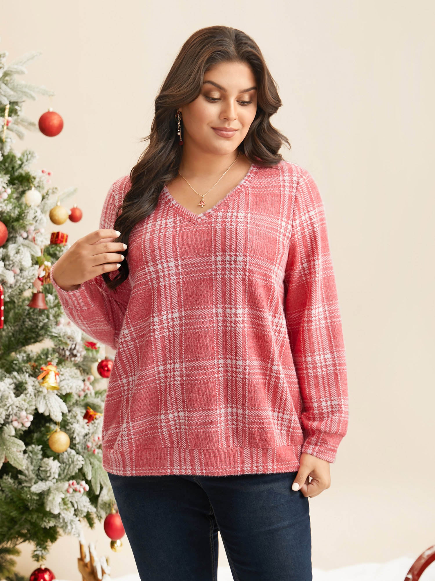 Brushed Plaid V-neck Sweatshirt - Image 8