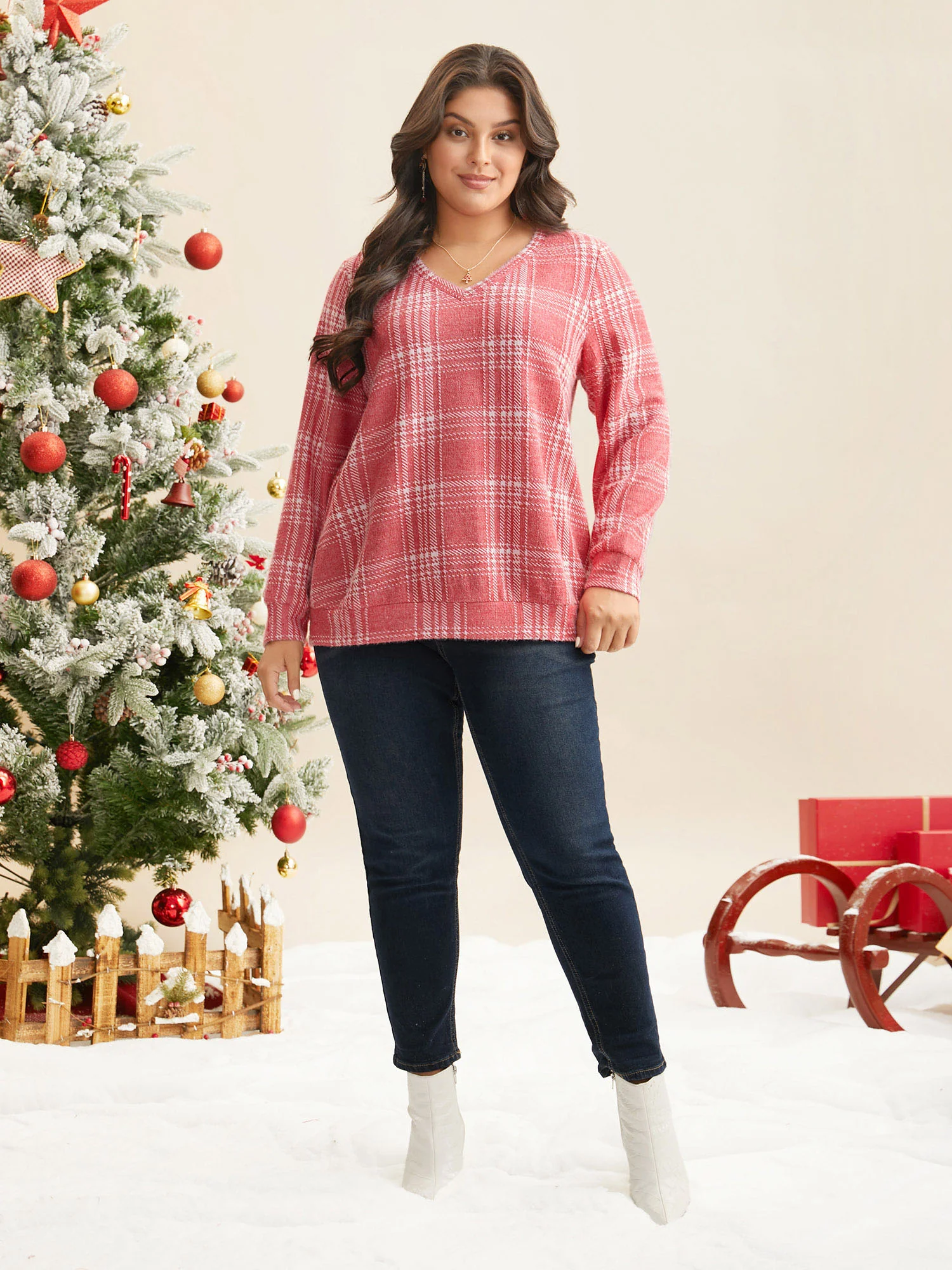 Brushed Plaid V-neck Sweatshirt - Image 9
