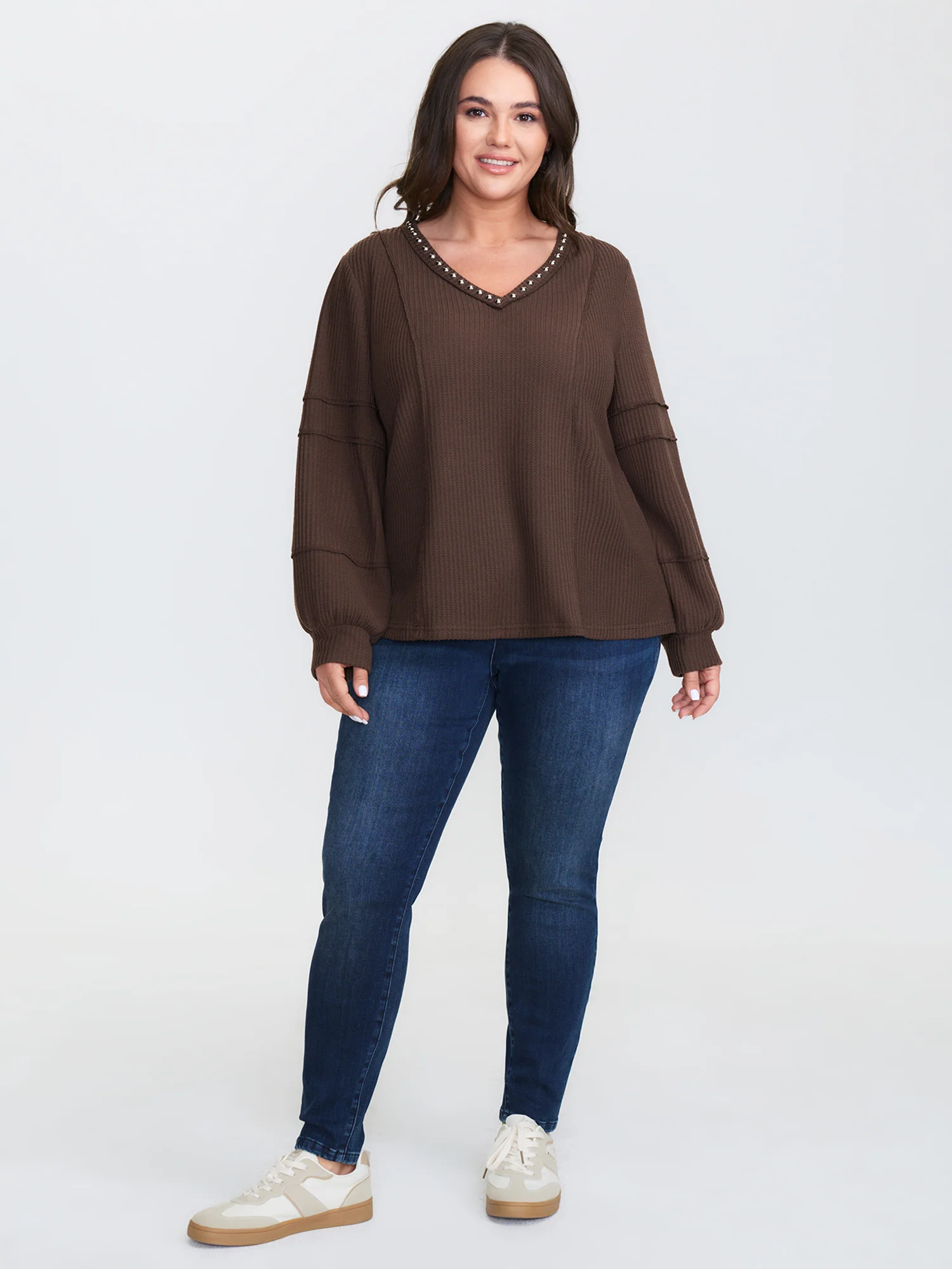 Brushed Waffle Rivet Neckline Sweatshirt - Image 2
