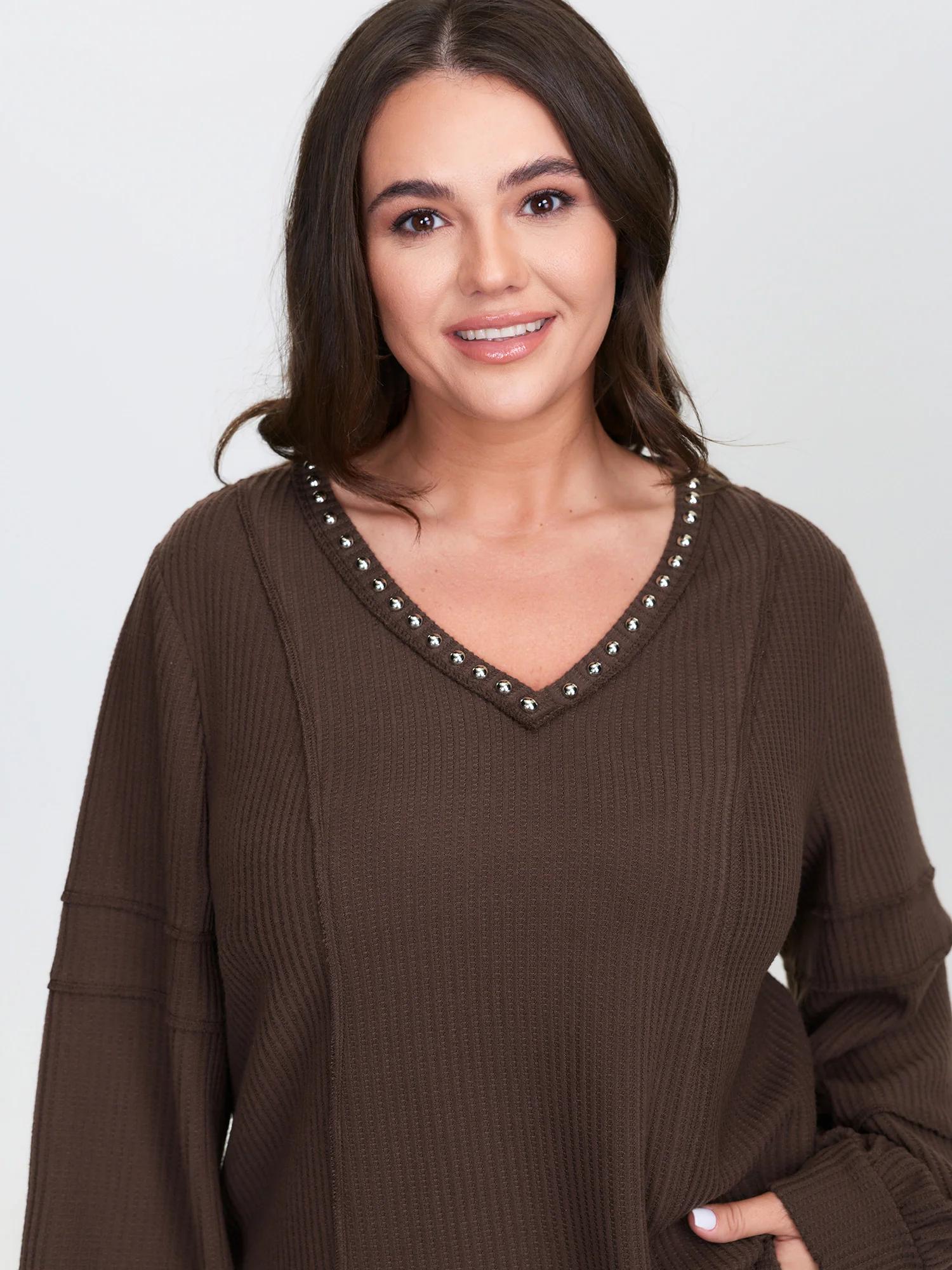 Brushed Waffle Rivet Neckline Sweatshirt - Image 3