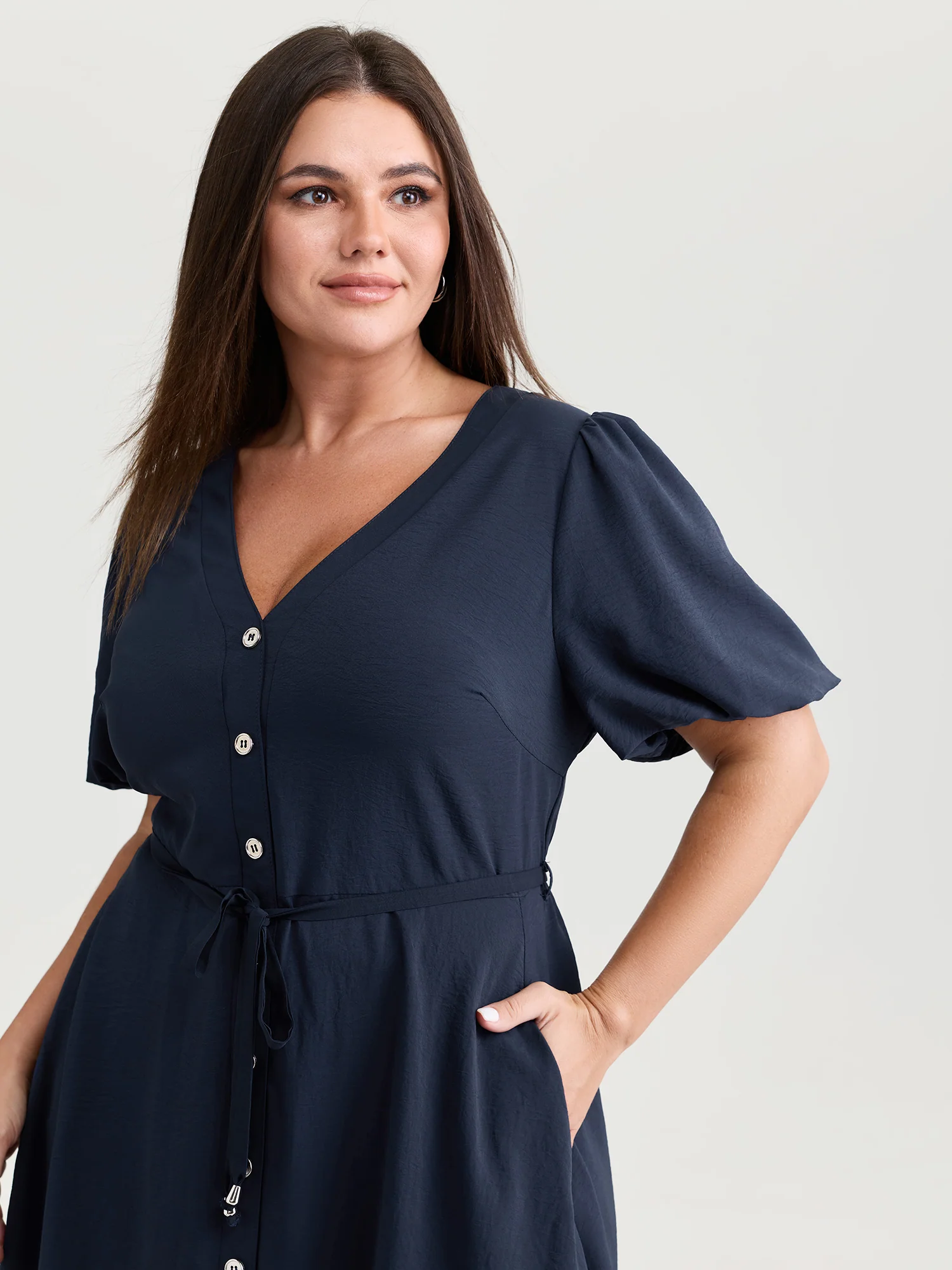 Bubble Sleeve Button Detail Flowy Midi Dress - Image 2