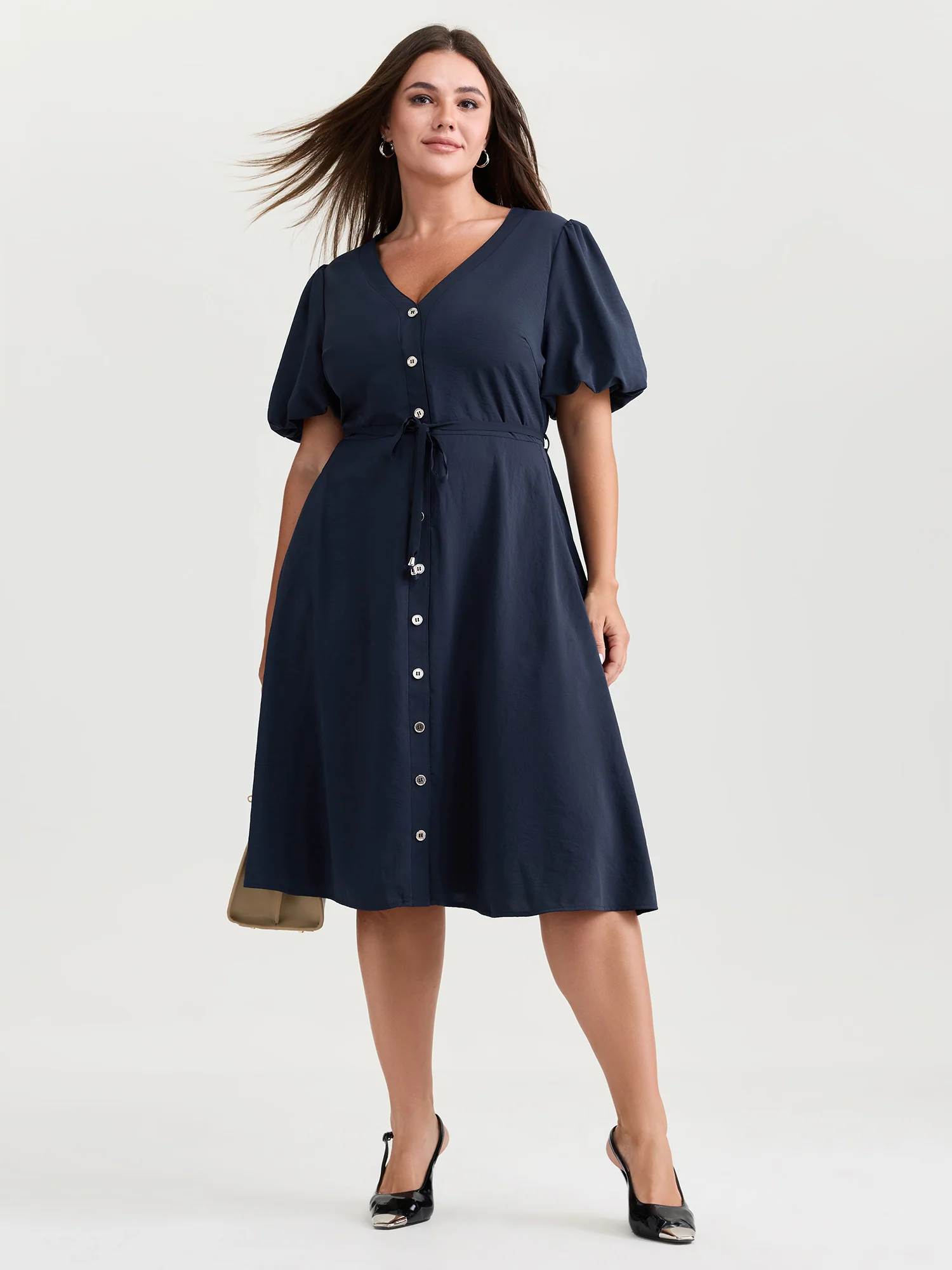 Bubble Sleeve Button Detail Flowy Midi Dress - Image 3