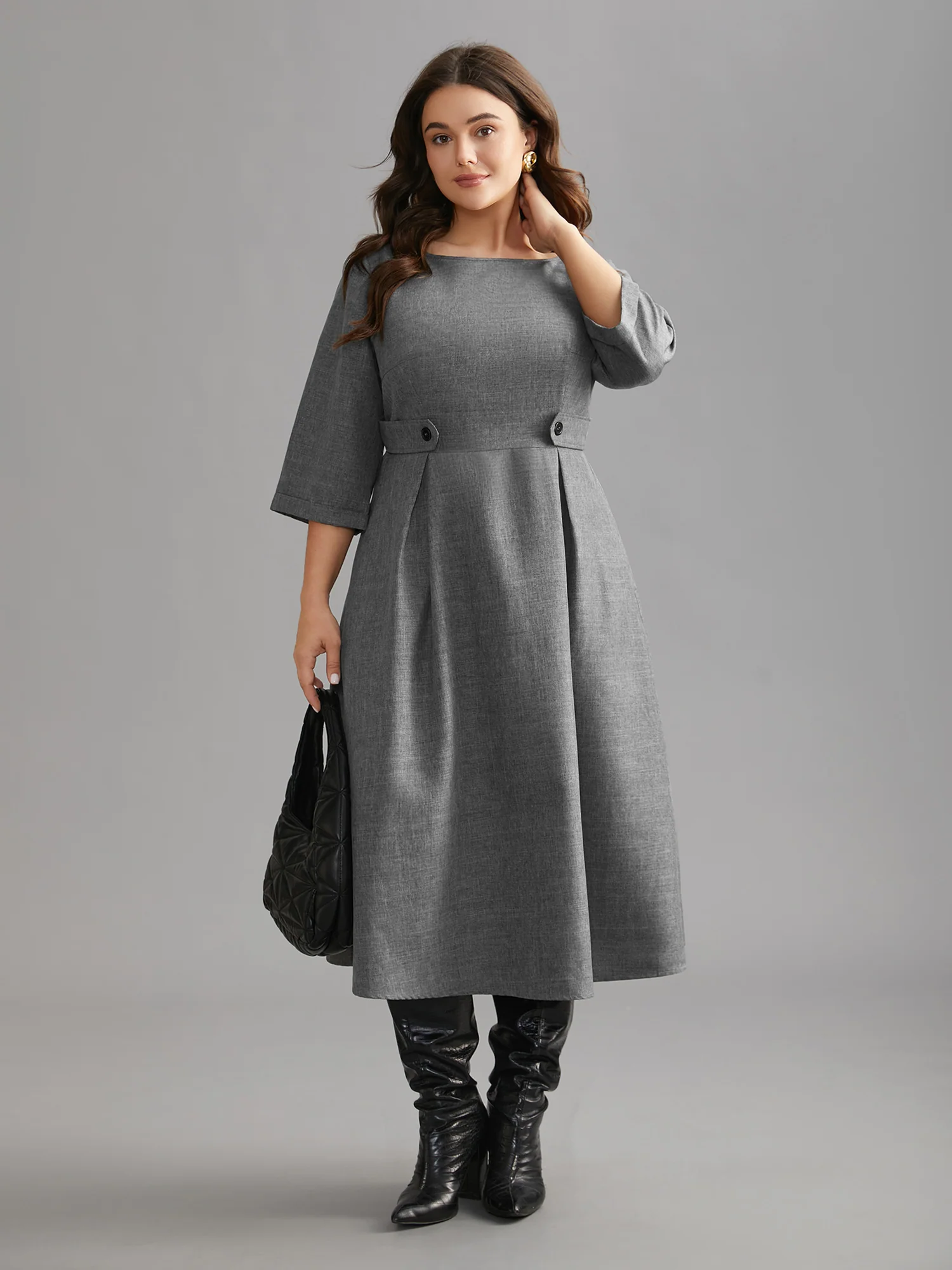 Buckled Waist Loops Pleated Midi Dress - Image 3