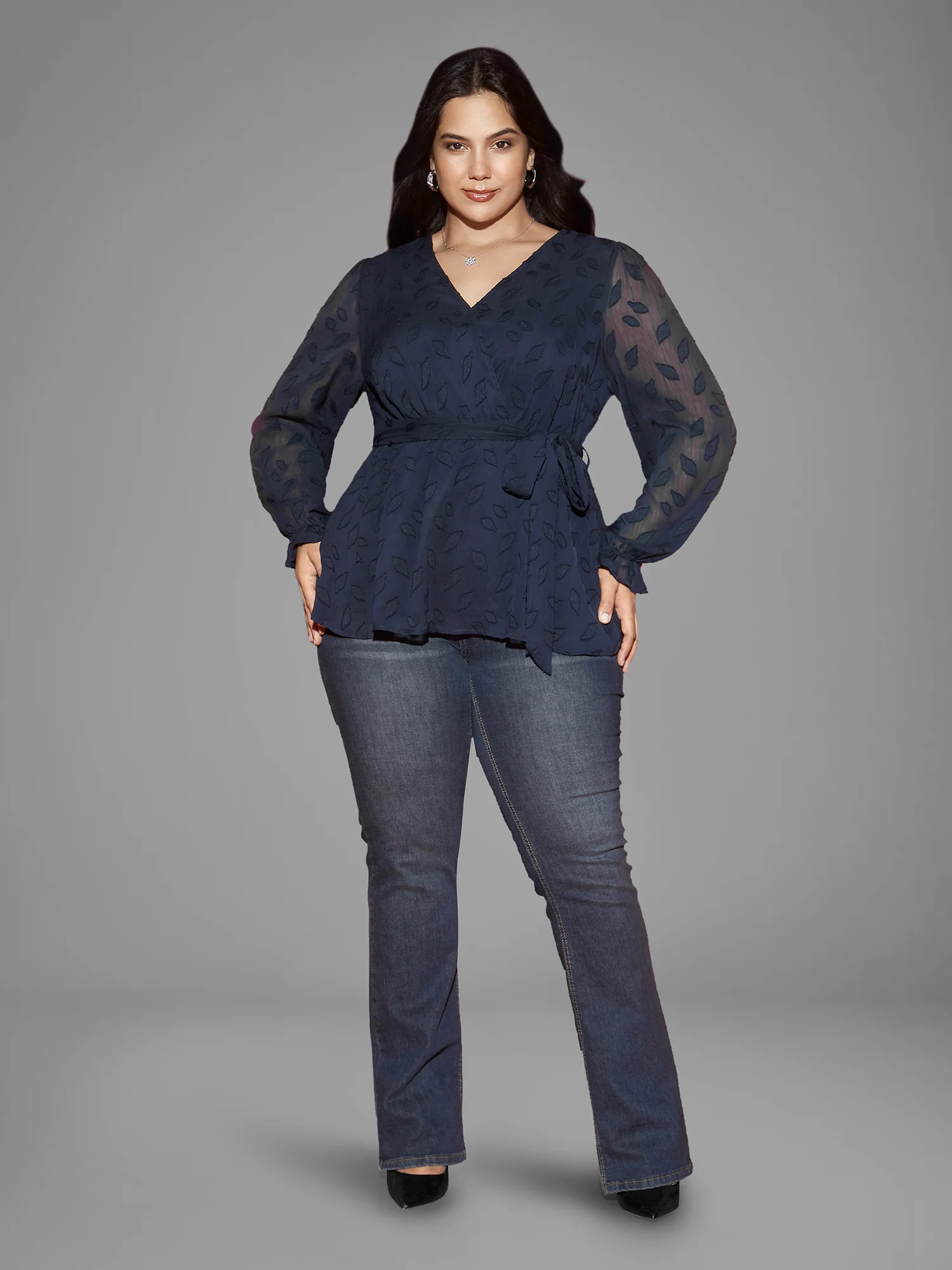 Burn-out Fabric Surplice Neckline Shirt - Image 2