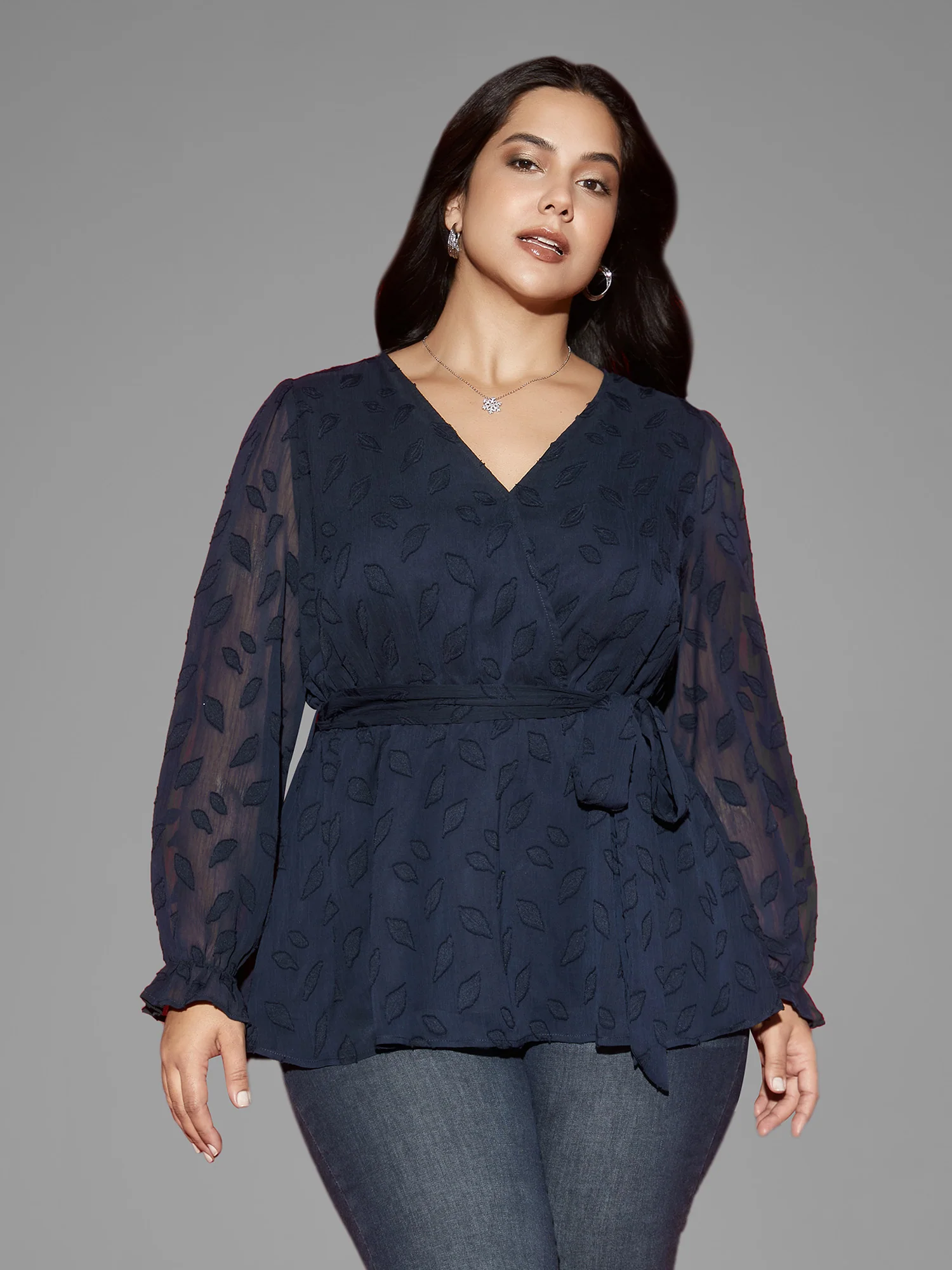 Burn-out Fabric Surplice Neckline Shirt - Image 3
