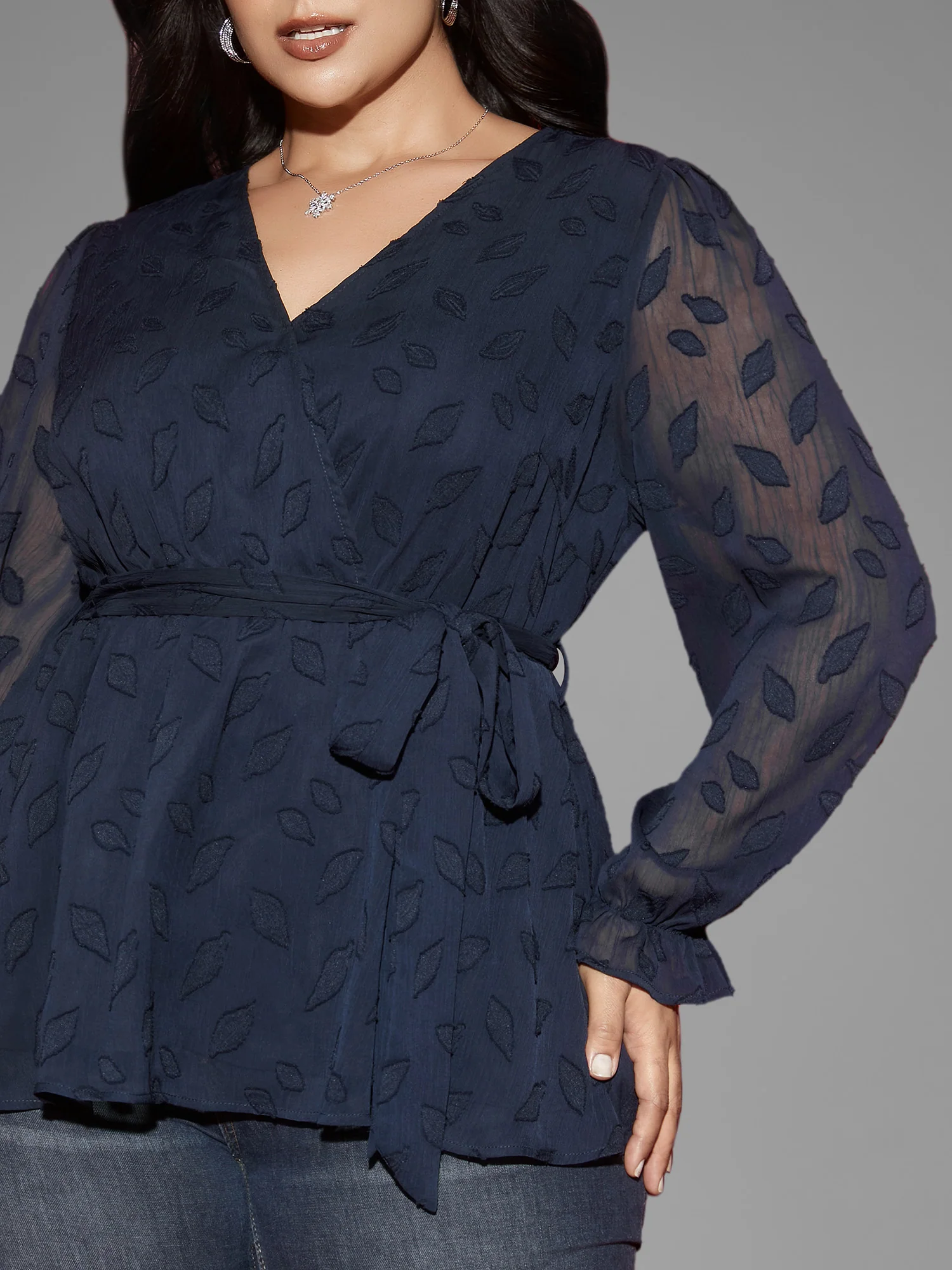 Burn-out Fabric Surplice Neckline Shirt - Image 5