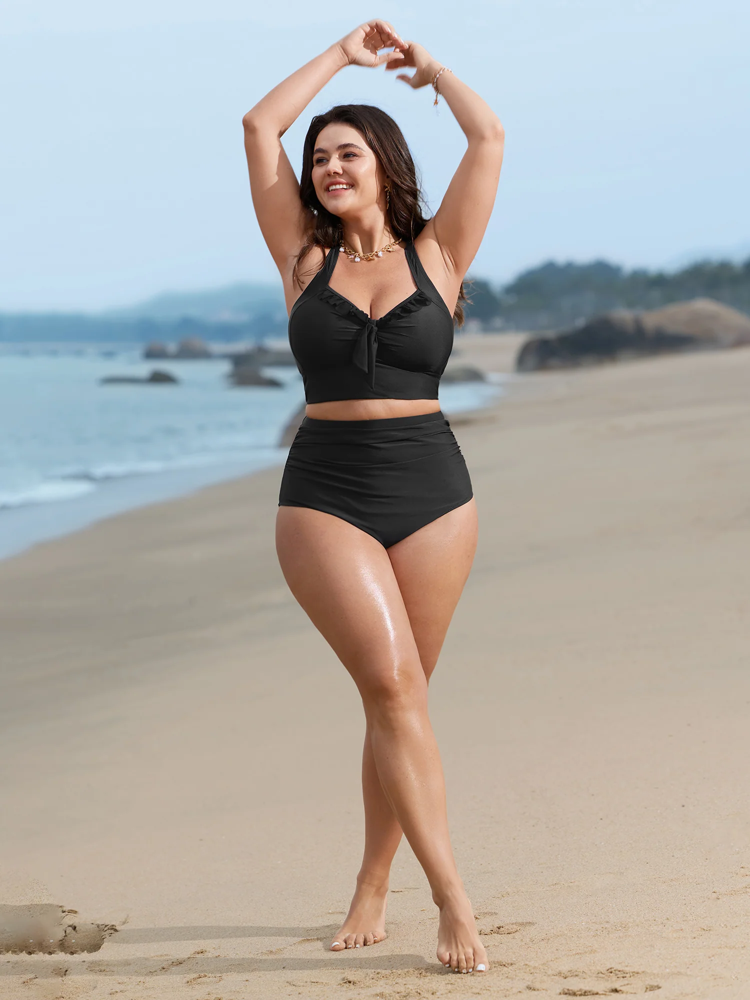 Bust Knot-Tie Ruffle Trim Supportive Bikini Top - Image 2