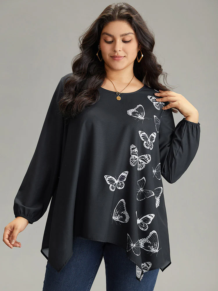 Butterfly Crew Neck Lantern Sleeve Hanky Hem Blouse - Image 2