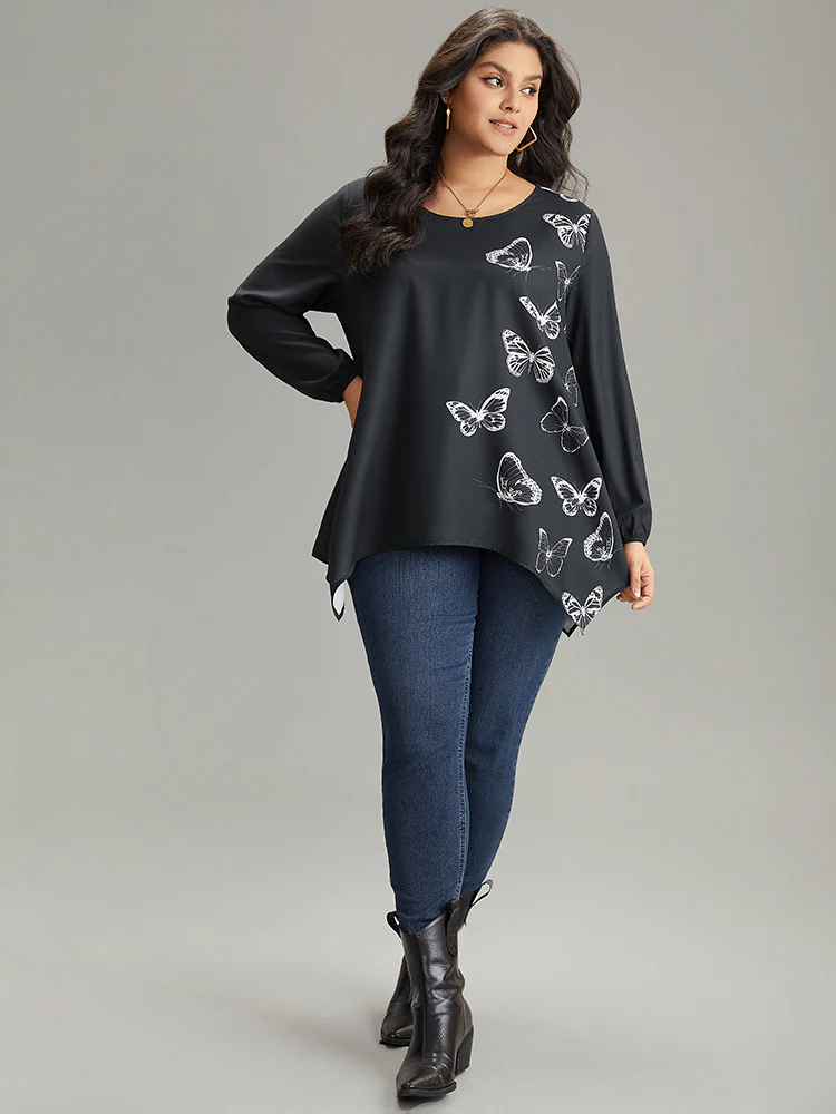 Butterfly Crew Neck Lantern Sleeve Hanky Hem Blouse - Image 4