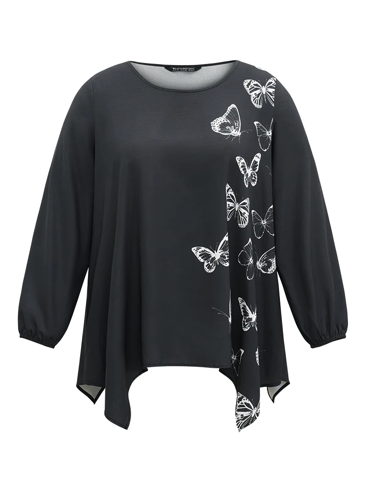 Butterfly Crew Neck Lantern Sleeve Hanky Hem Blouse - Image 6