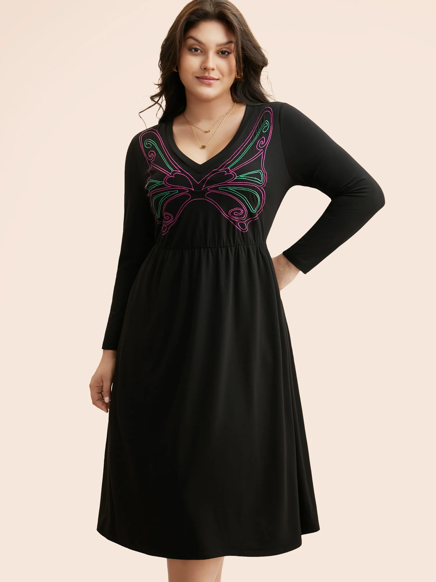 Butterfly Embroidered V Neck Midi Dress - Image 2