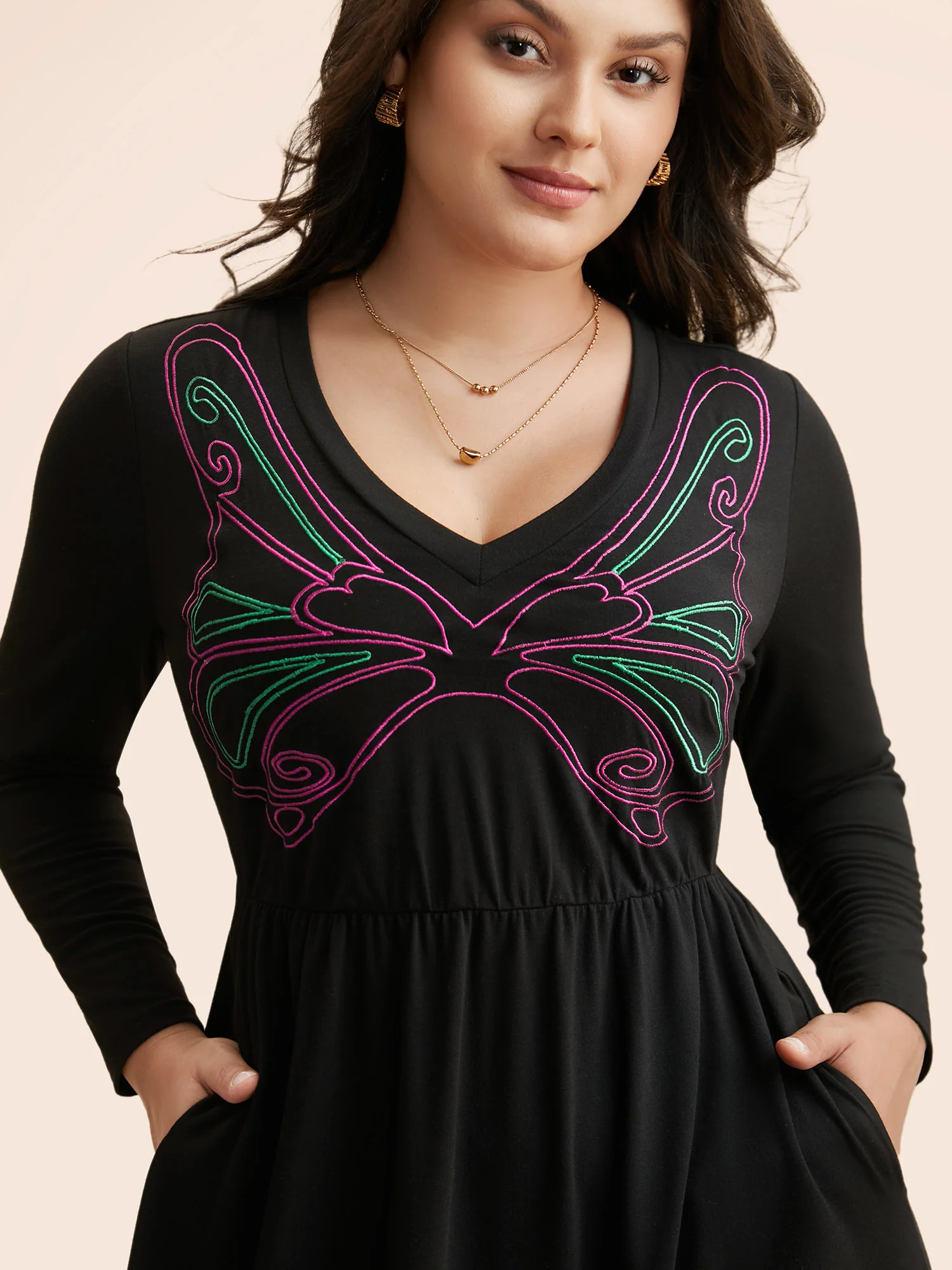 Butterfly Embroidered V Neck Midi Dress - Image 4