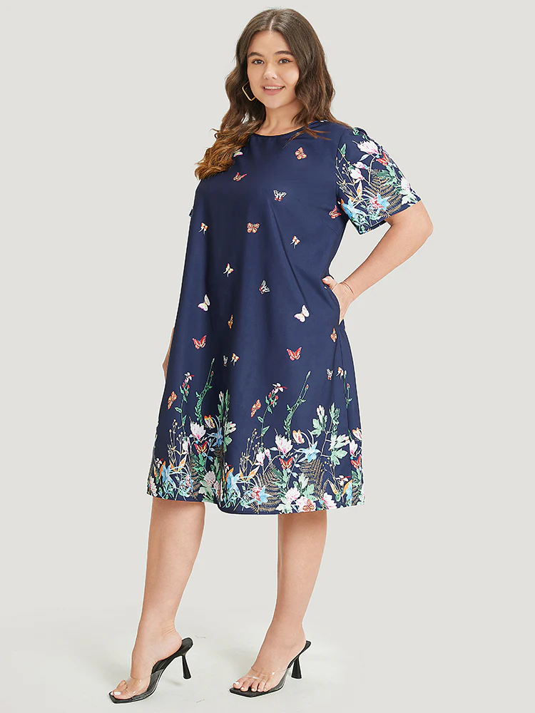Butterfly & Floral Round Neck Print Pocket Knee Dress - Image 2