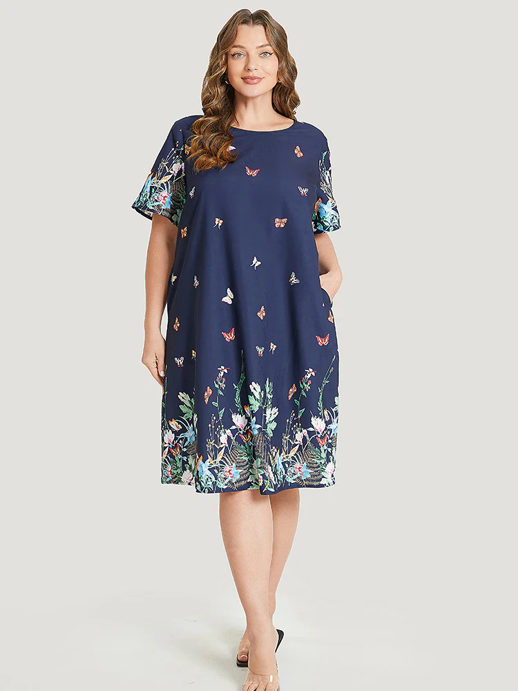 Butterfly & Floral Round Neck Print Pocket Knee Dress - Image 3