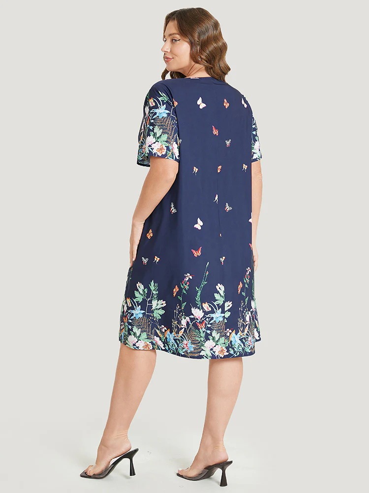 Butterfly & Floral Round Neck Print Pocket Knee Dress - Image 4