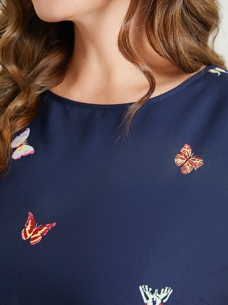 Butterfly & Floral Round Neck Print Pocket Knee Dress - Image 5