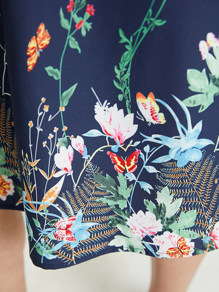 Butterfly & Floral Round Neck Print Pocket Knee Dress - Image 6