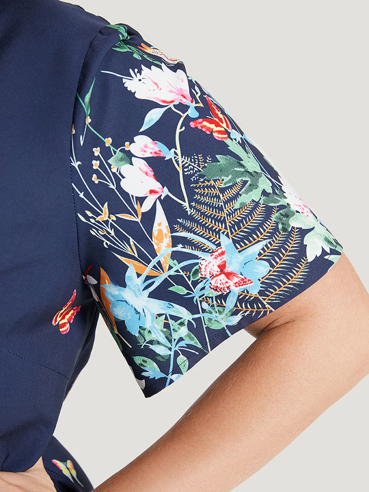 Butterfly & Floral Round Neck Print Pocket Knee Dress - Image 7