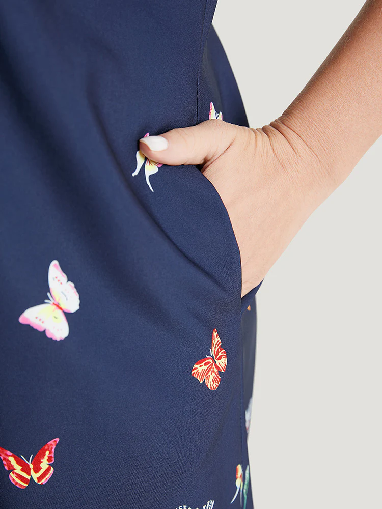 Butterfly & Floral Round Neck Print Pocket Knee Dress - Image 8