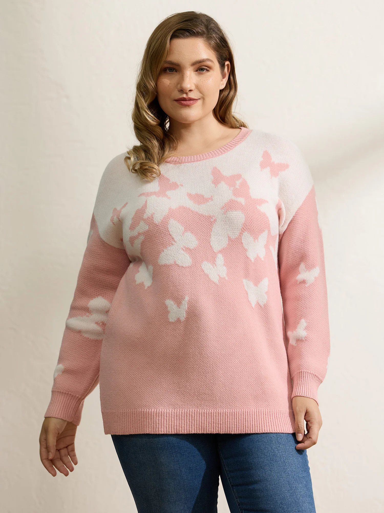 Butterfly Jacquard Pattern Ribbed Hem Pullover - Image 2