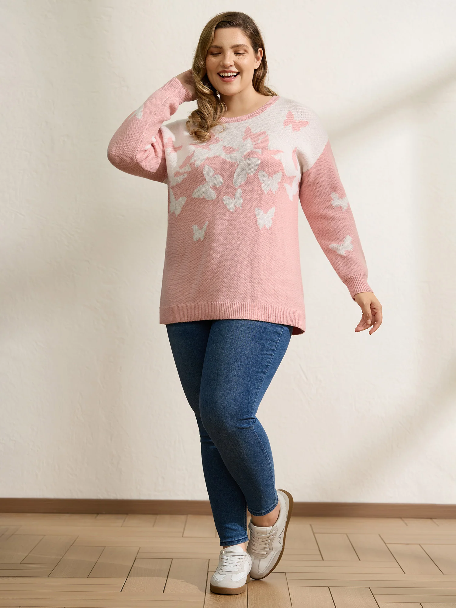 Butterfly Jacquard Pattern Ribbed Hem Pullover - Image 3