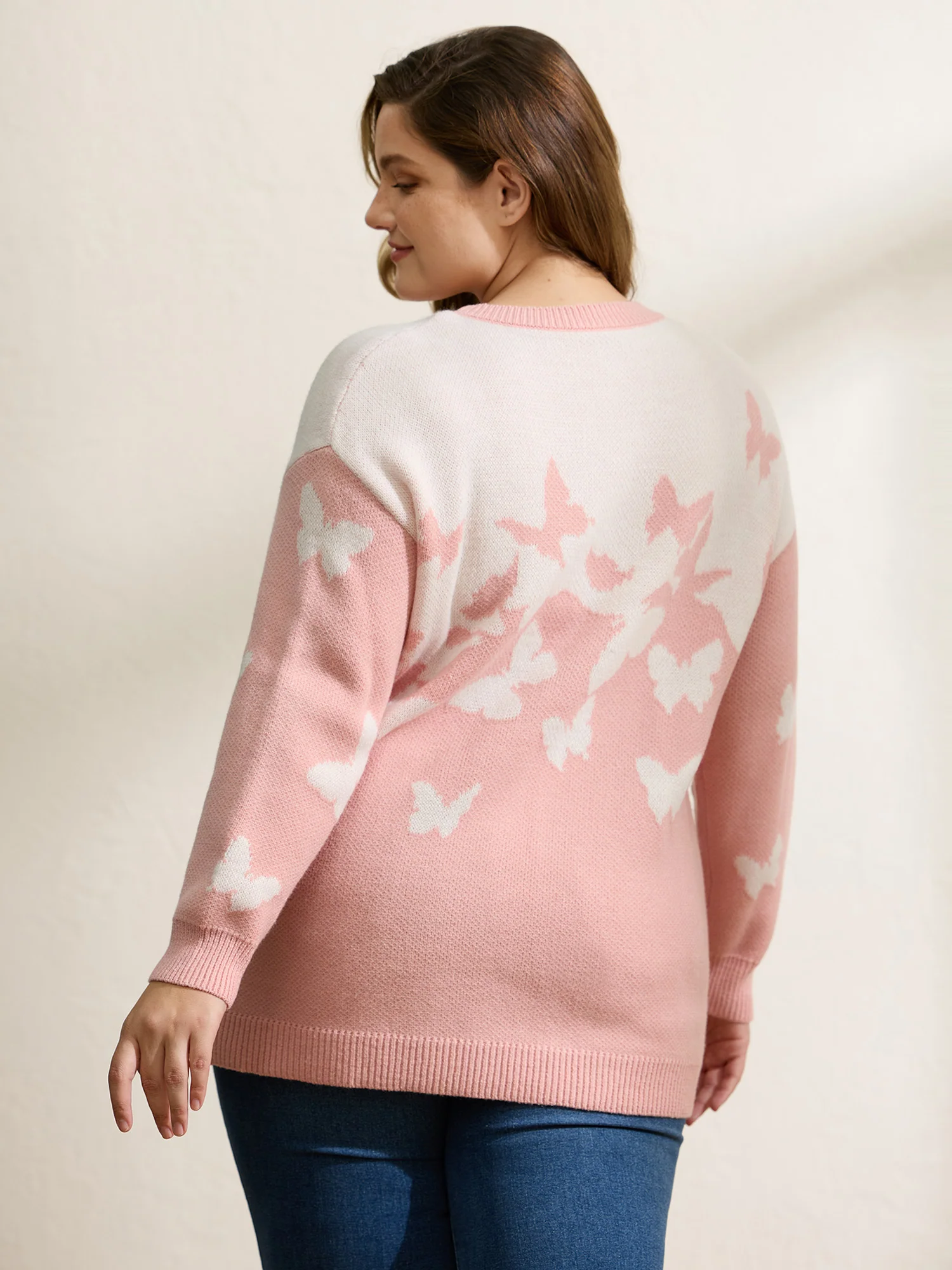 Butterfly Jacquard Pattern Ribbed Hem Pullover - Image 4