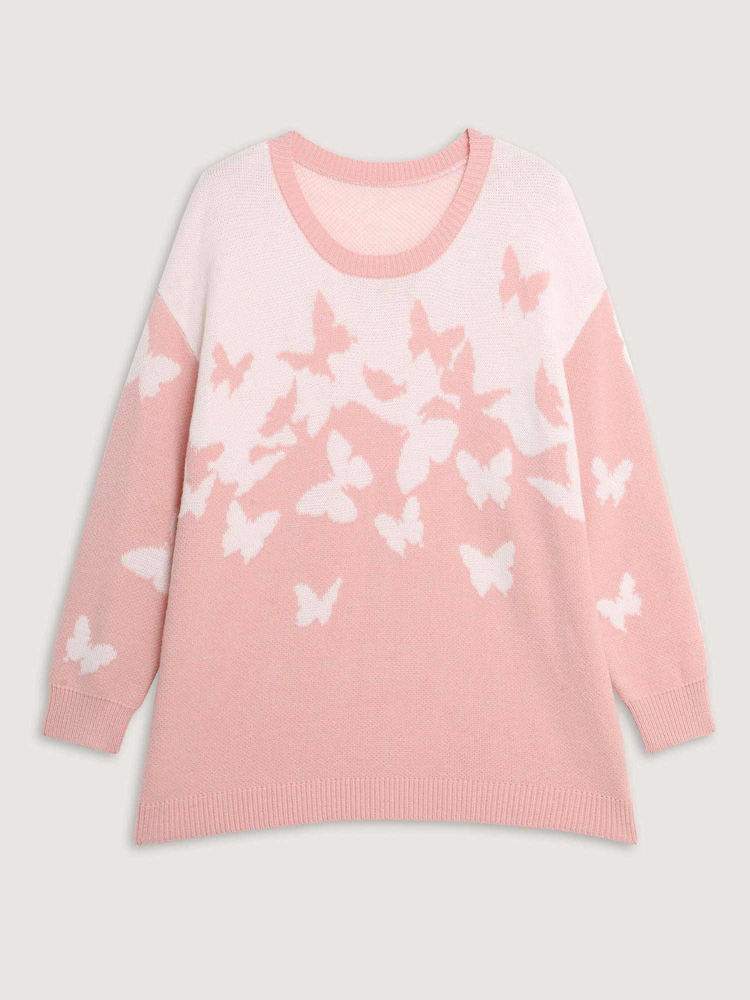 Butterfly Jacquard Pattern Ribbed Hem Pullover - Image 7