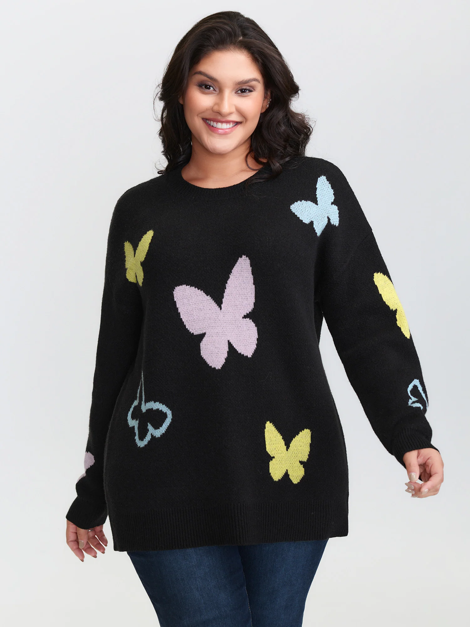 Butterfly Jacquard Pattern Round Neck Pullover - Image 4